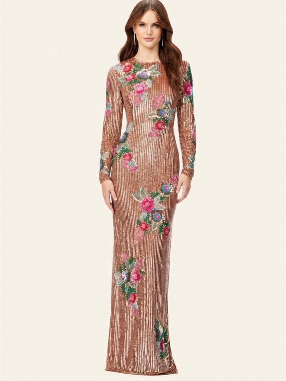 Embroidered Floral Long-Sleeve Sequin Gown in Rose Gold